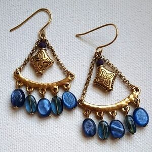 Gold and Blue Beaded Dangle Earrings